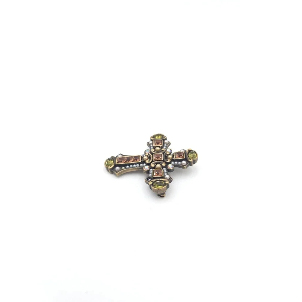 Vintage Jay Strongwater Swarovski Crystal Faux Pearl Green Cross Brooch Pin Y2k